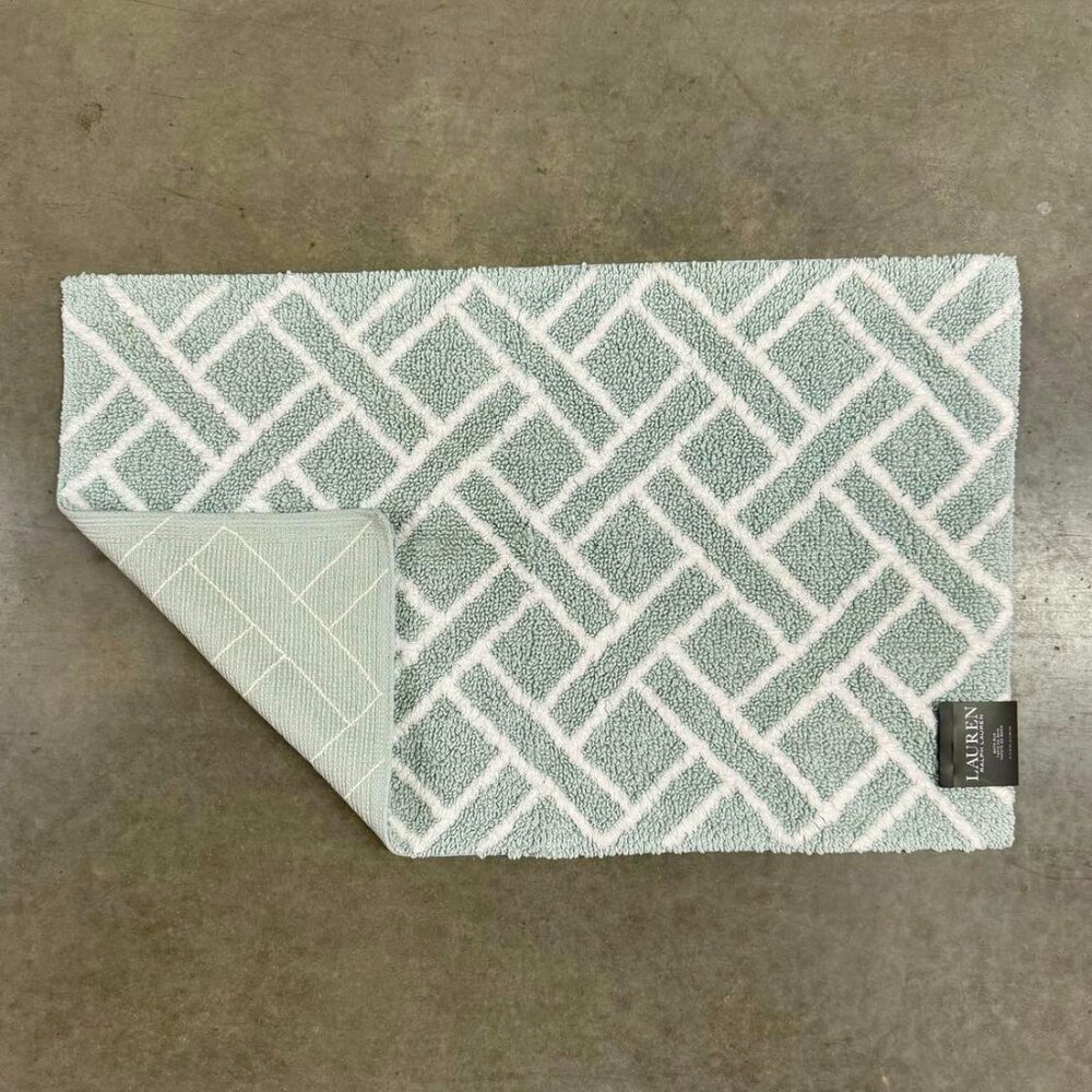 Ralph Lauren 21 x 34 Mint Green White Bath Mat Rug Geometric Striped Cotton